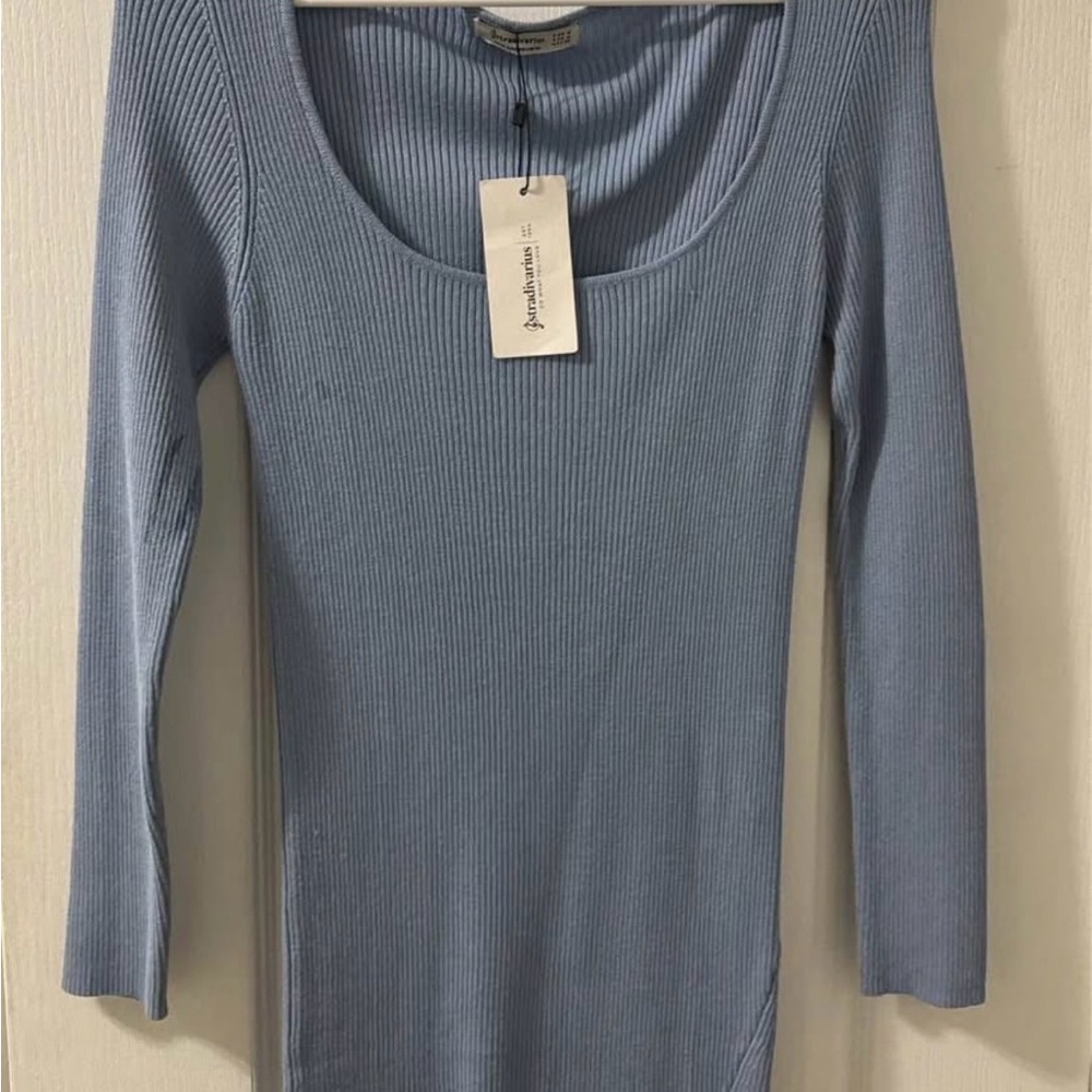 Stradivarius Blue Ribbed Midi Dress